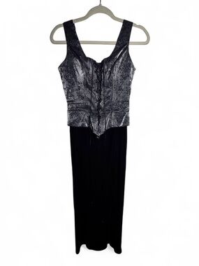 Vintage 90s Corset Lace Up Bodice Velvet Floral Maxi Dress Gothic Romantic